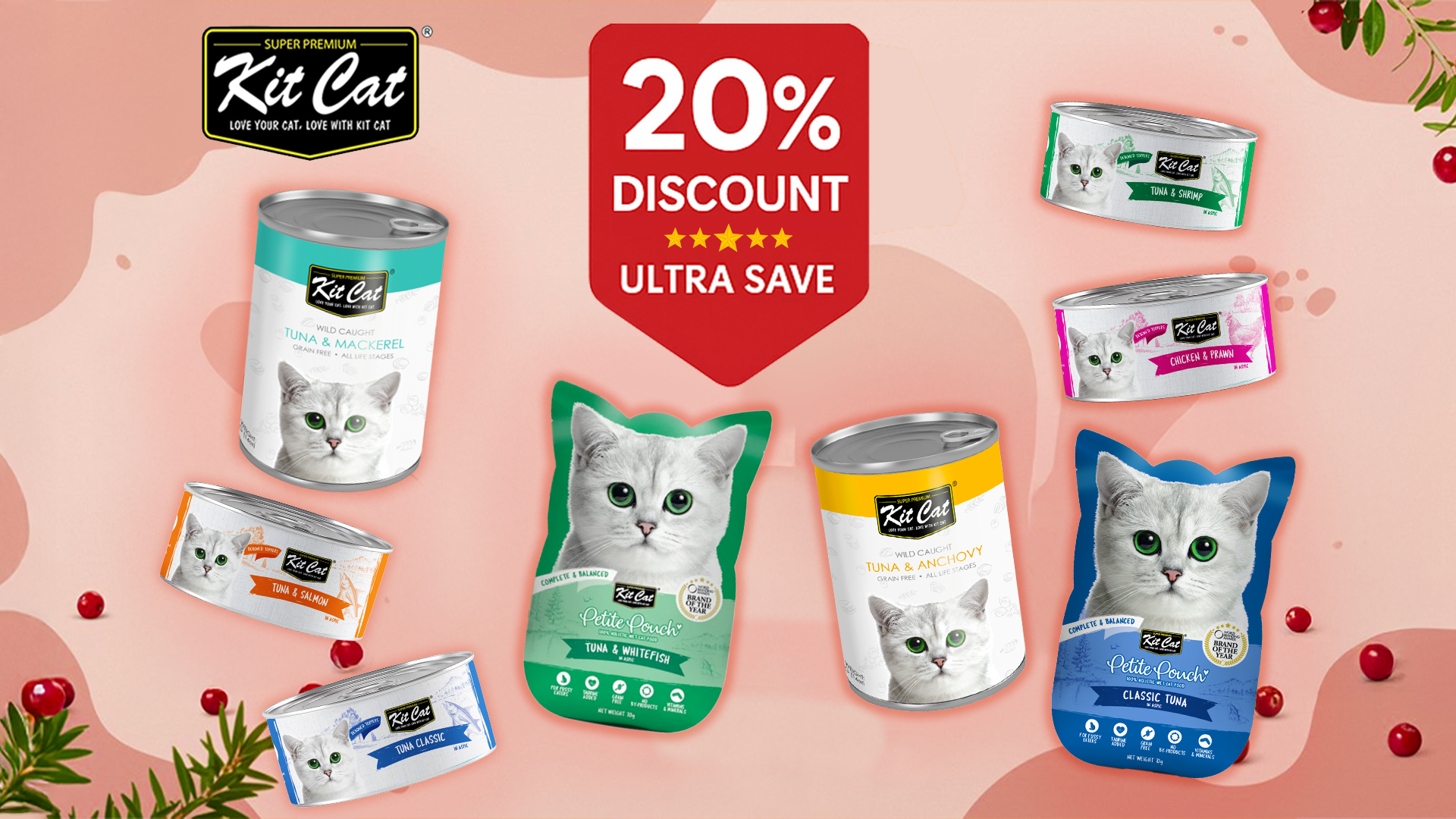 Kit cat cans and wet food 20% discount