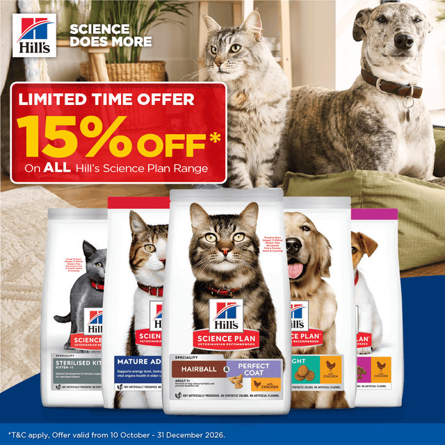 15% off Hill's Science Plan dog and cat food at Petsky, 10 October to 31 December 2026. T&Cs apply.