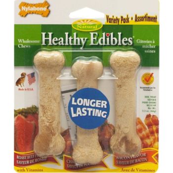  Nylabone Healthy Edibles Longer Lasting Roast Beef-Chicken-Bacon Variety Triple Pack Blister Card Petite 