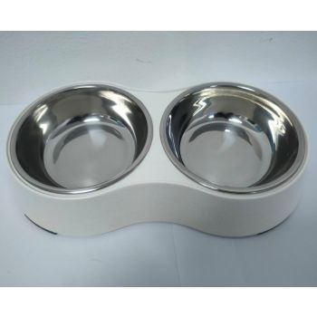  Melamine Matted color Stainless Steel Double bowl with anti-slip circle on the bottom ,Volume:160*2 ml, Size:12*12*4.5 cm 
