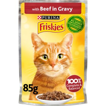  Purina Friskies Beef Chunks in Gravy Wet Cat Food Pouch 85g 