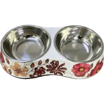  Cozy Paws Double Melamine Bowl-22x10x4.5cm-White Flower 