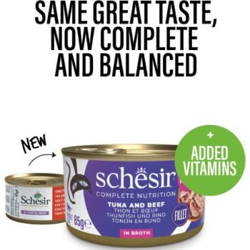  Schesir Complete & Balanced Nutrition Wet Cat Food in Broth Can- Tuna With Beef 85g 