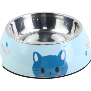  Melamine Blue Cat Pattern Stainless Steel bowl with anti-slip circle on the bottom,Volume:160 ml,Size:12*12*4.5 cm 
