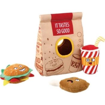  Gigwi Dog Toys Hide N Seek Fast Food Bag with Plush Hamburg, Coke and Fried Chicken 