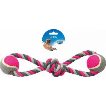  Duvo+ Knotted Cotton 8- Pull Ring & 2 Tennis Balls Dog Toys  38cm Grey/Pink 