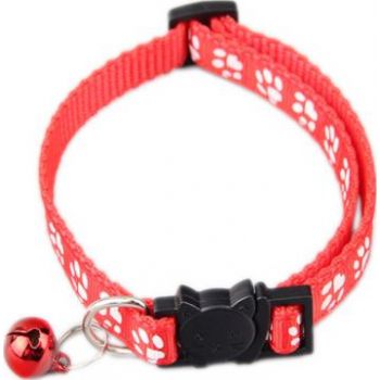  PETS CLUB ADJUSTABLE CAT COLLAR WITH BELL- DARK RED PAW 