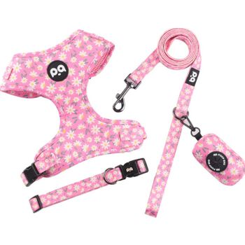  Mesh pet harness 4 PC set (Harness + Leash + Collar + Bag) (Daisy pink) (M) 