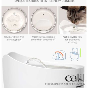  Catit PIXI Stainless Steel Fountain - White/2.5L 