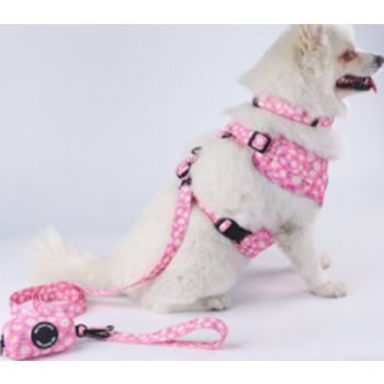  Mesh pet harness 4 PC set (Harness + Leash + Collar + Bag) (Daisy pink) (L) 