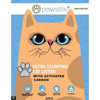  PAWSITIV 'ULTRA CLUMPING' CAT LITTER WITH ACTIVATED CARBON - 20KG - UNSCENTED 