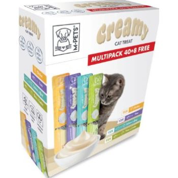  M-PETS Creamy Treats for Cats Multipack 40 + 8 Gratis (Chicken x12, Tuna x12, Salmon & Beef x12, Tuna & Scallop x12) – 48x15g (720g) 