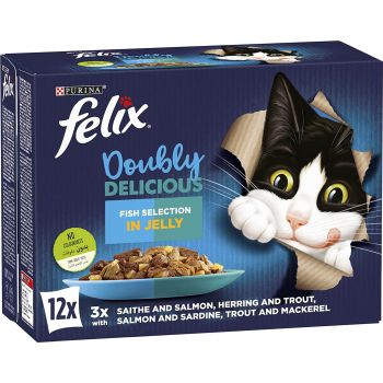  Purina Felix Doubly Delicious Fish Selection in Jelly Wet Cat Food Box, 85g 12 Pouches 