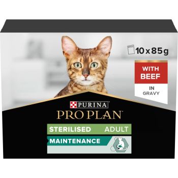  PRO PLAN STERILISED WET CAT FOOD, BEEF IN GRAVY, MULTIPACK, 10 X 85G 