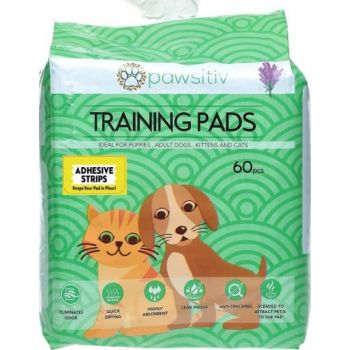 PAWSITIV MULTIFUNCTIONAL TRAINING AND PEE PADS FOR PUPPY, KITTEN, DOG AND CAT WITH ADHESIVE STRIPS - 60PCS LAVENDER SCENTED 