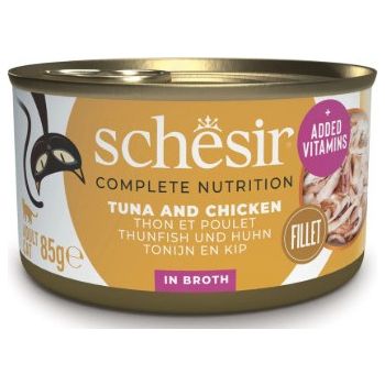  Schesir Complete & Balanced Nutrition Wet Cat Food in Broth Can- Tuna With Chicken 85g 