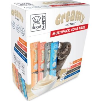  M-PETS Creamy Treats for Cats Multipack 40 + 8 Gratis (Crab x12, Salmon x12, Cod & Beef x12, Tuna & Shrimp x12) – 48x15g (720g) 