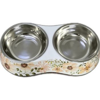  Cozy Paws Double Melamine Bowl- 28.5X13.5X6CM White Flower 