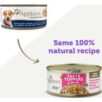  Applaws Topper in Broth Chicken Breast With Salmon Pumnkin Carrots And Peas Dog Tin 156g 