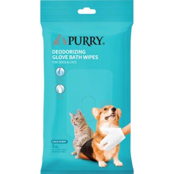  Purry Deodorizing Glove Bath Wipes For Dogs And Cats, Coco Scent -7ct 