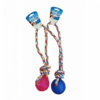 DUVO TPR BALL-ROPE HANDLE 37CM-DOG TOY BLUE/PINK