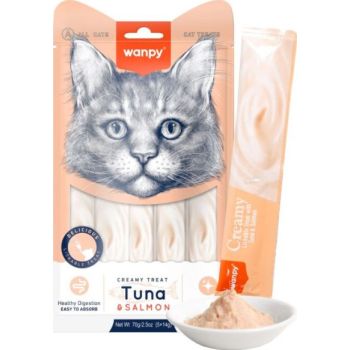  Wanpy Creamy Lickable Cat Treats – Tuna & Salmon (14gx5) 