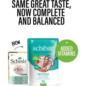  Schesir Complete & Balanced Nutrition Wet Cat Food in Jelly Pouch- Tuna With Seabreem 85g 
