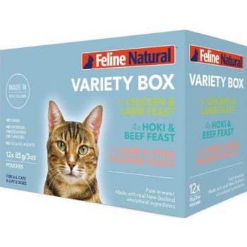  Feline Natural Variety Pack Pouches - 12 x 85g pouches (Hoki & Beef - Lamb & King Salmon - Chicken and Lamb) 