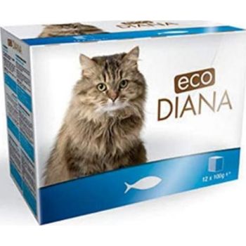  Eco Diana Complete Food for Cats, 12 Pouches of 100g, Chunks with Fish in Gravy 