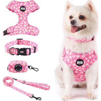  Mesh pet harness 4 PC set (Harness + Leash + Collar + Bag) (Daisy pink) (M) 