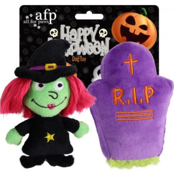  Halloween Dog Toys Naughty or Trick 2 pack - Witch & Tombstone 