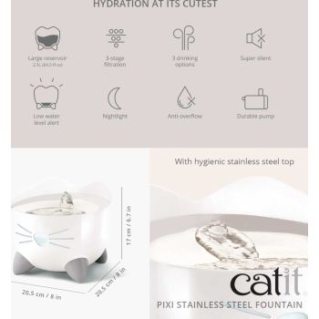  Catit PIXI Stainless Steel Fountain - White/2.5L 