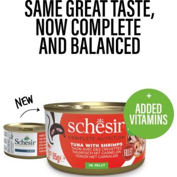  Schesir Complete & Balanced Nutrition Wet Cat Food in Jelly Can- Tuna With Shrimp 85g 