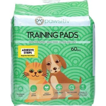  PAWSITIV MULTIFUNCTIONAL TRAINING AND PEE PADS FOR PUPPY, KITTEN, DOG AND CAT WITH ADHESIVE STRIPS - 60PCS UNSCENTED 