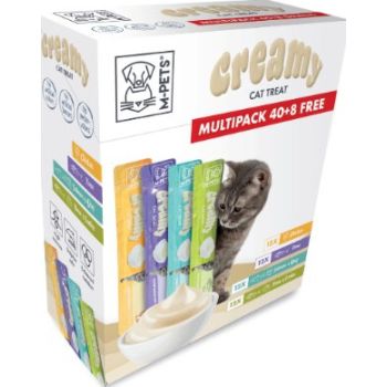  M-PETS Creamy Treats for Cats Multipack 40 + 8 Gratis (Chicken x12, Tuna x12, Salmon & Beef x12, Tuna & Scallop x12) – 48x15g (720g) 