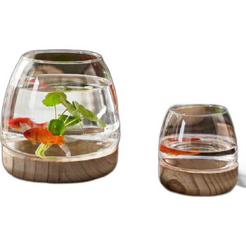  Perfect Clear Glass Round Shaped Fish Tank With Wooden Base -9x12.5cm 