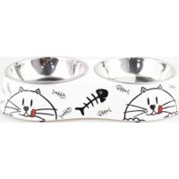 Melamine Bones Cat Stainless Steel Double bowl with anti-slip circle on the bottom ,Volume:160*2 ml, Size:12*12*4.5 cm
