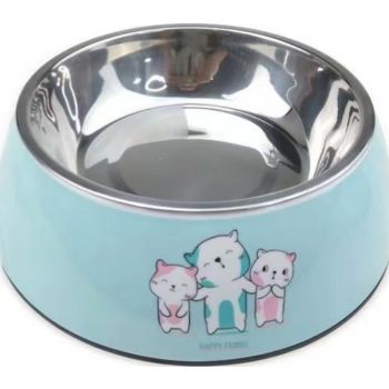  Melamine Cat Pattern Stainless Steel bowl with anti-slip circle on the bottom-Blue, Volume:160 ml, Size:12*12*4.5 cm 
