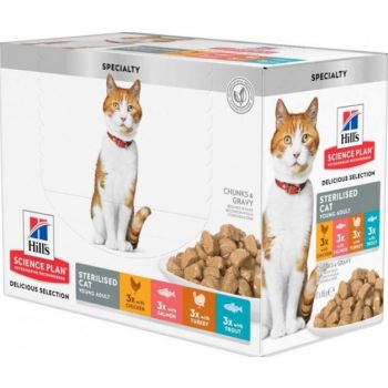  Hill’s Science Plan Sterilised Cat Adult Cat Wet Food With Chicken, Fish, Trout & Turkey Pouches (12x85g) 