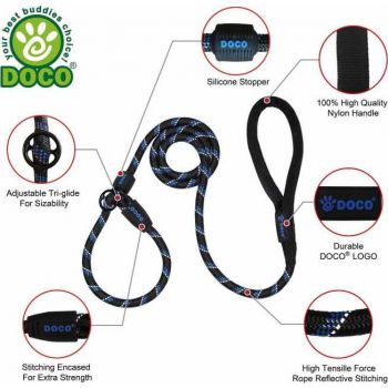 DOCO® Reflective Rope Leash W/ Soft Handle Ver.7 - Slip On Collar Leash 6ft Black Large 