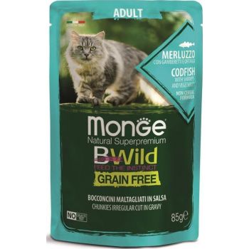  Monge Bwild Grain Free Cat Wet Food  Adult Codfish With Shrimps And Vegetables 85g 