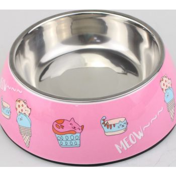  Melamine Lazy Cat Pattern Stainless Steel bowl with anti-slip circle on the bottom-Pink,Volume:160 ml, Size:12*12*4.5 cm 