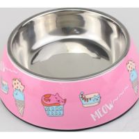 Melamine Lazy Cat Pattern Stainless Steel bowl with anti-slip circle on the bottom-Pink,Volume:160 ml, Size:12*12*4.5 cm