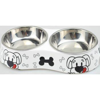  Melamine Bones Dog Stainless Steel Double bowl with anti-slip circle on the bottom ,Volume:160*2 ml, Size:12*12*4.5 cm 