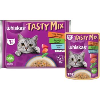  Whiskas Tasty Mix Tuna,  Salmon & Spinach in Jelly  Wet Cat Food - 4X70G 