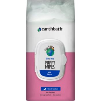  earthbath® Ultra-Mild Puppy Wipes, Wild Cherry, Cleans & Conditions, 100 ct plant-based wipes in re-sealable pouch 